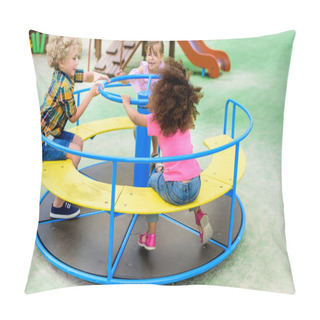 Personality  Happy Adorable Little Children Riding On Carousel At Playground  Pillow Covers