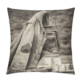 Personality  Vintage Retro Sepia Photograph Of A US Army Sergeant Jacket From WW2 Hanging On A Later In An Upright Vertical Format Pillow Covers