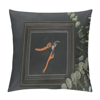 Personality  Top View Of Vintage Wooden Frame With Garden Shears And Eucalyptus Over Black Background Pillow Covers