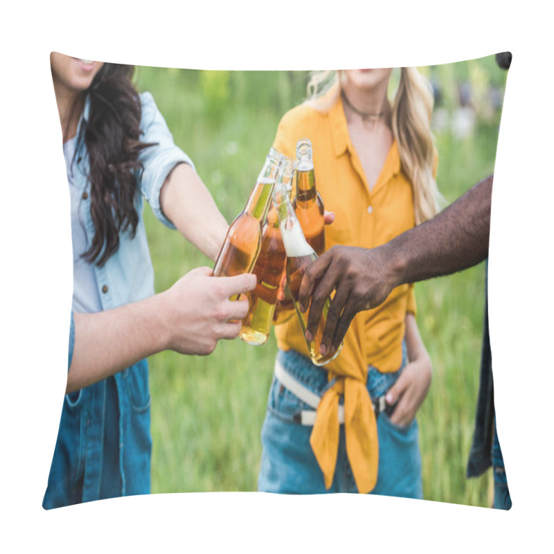 Personality  Cropped View Of Cheerful Multicultural Men And Women Clinking Bottles With Beer  Pillow Covers