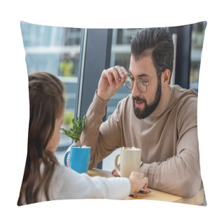 Personality  Father And Daughter Sitting In Cafe With Cups Of Cacao With Marshmallow Pillow Covers
