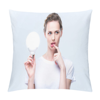 Personality  Thoughtful Woman With Light Bulb Pillow Covers