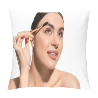 Personality  Brunette Woman Styling Eyebrows With Brush While Looking Away Isolated On White  Pillow Covers