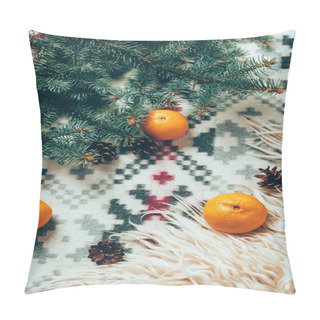 Personality  Top View Of Pine Tree Branches, Pine Cones And Fresh Tangerines On Blanket Backdrop Pillow Covers