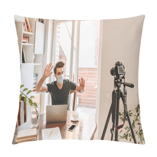 Personality  Young Video Blogger In Medical Mask Gesturing While Looking At Digital Camera On Tripod Pillow Covers