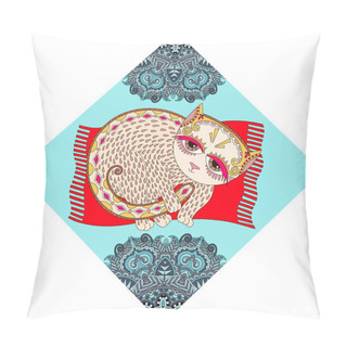 Personality  Unusual Animal Cat, Folk Illustration In Rhombus Composition Pillow Covers