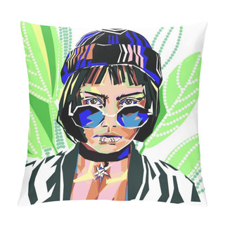 Personality  Hand-drawn Bright Neon Colorful Stylized Geometrical Art Fashion Illustration Of Imaginary Female Model In Trendy Outfit: Beanie Chunky Knit Hat, Sunglasses, Jewelry Choker Necklace, Coat, On Abstract Neon Geometric Art Background Pillow Covers