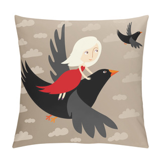 Personality  Girl Flying On A Black Bird Pillow Covers