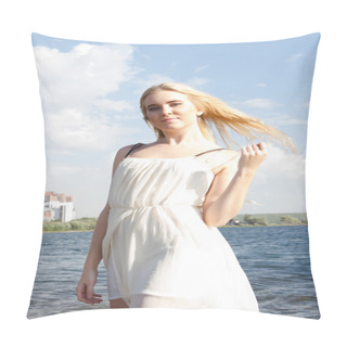 Personality  Blonde Girl In A White Dress On The Shore Pillow Covers