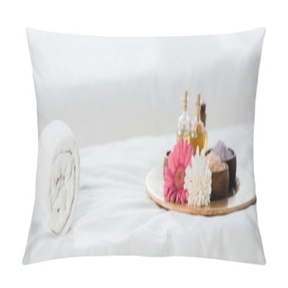 Personality  Panoramic Shot Of Tray With Bottles Of Oil, Bowls With Sea Salt And Flowers In Spa Center  Pillow Covers
