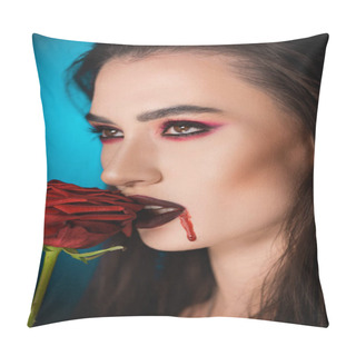 Personality  Young Creepy Woman With Blood On Face Near Red Rose On Blue Pillow Covers