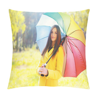 Personality  Beautiful Young Smiling Woman Wearing A Yellow Coat With Colorfu Pillow Covers