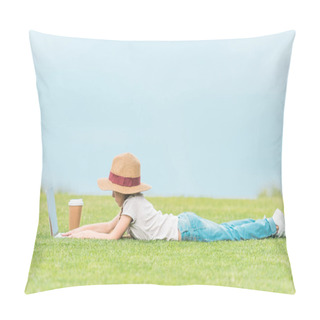 Personality  Side View Of Cute Child In Hat Using Laptop On Green Meadow Pillow Covers