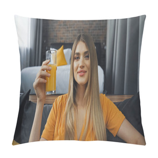 Personality  Happy Young Woman Holding Glass Of Orange Juice In Hotel Room  Pillow Covers