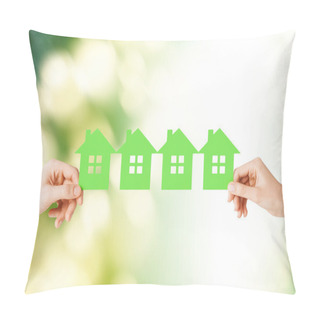 Personality  Man And Woman Hands With Many Green Paper Houses Pillow Covers