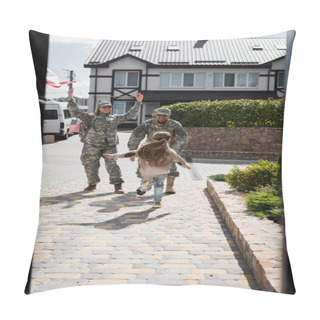 Personality  Daughter Running To Happy Father And Mother In Military Uniforms On Street Near House On Blurred Foreground Pillow Covers