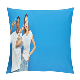 Personality  Cheerful Multicultural Couple Showing V Sign And Looking At Camera On Blue Background, Banner Pillow Covers