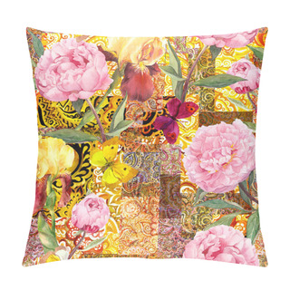 Personality  Luxury Ethnic Design For Fashion. Flowers, Butterflies And Golden Indian Ornament. Watercolor Seamless Pattern Pillow Covers