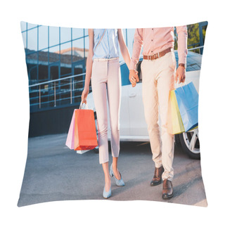 Personality  Partial View Of Married Couple With Shopping Bags Holding Hands While Walking On Street Pillow Covers