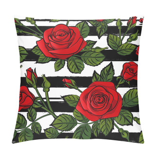 Personality  Red Roses Pattern Seamles Stripes With Green Leafs Black And White Lines, Vector Repeat Tile Pillow Covers