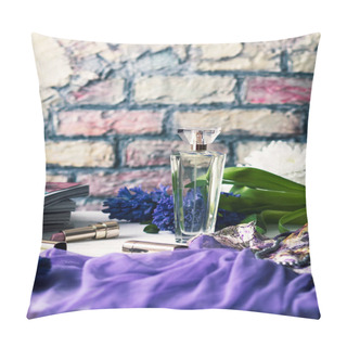 Personality  Flowers, Perfume Bottle And Lipstic On Wooden Table Pillow Covers