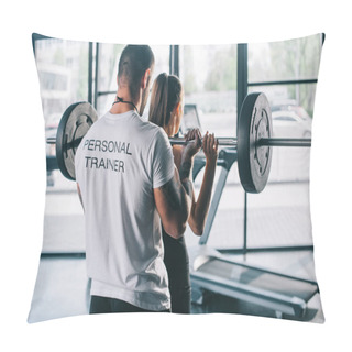 Personality  Male Personal Trainer Helping Sportswoman To Do Exercises With Barbell At Gym Pillow Covers