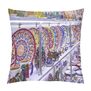 Personality  Plates And Pots On A Street Market In The City Of Khiva Uzbekistan. Pillow Covers