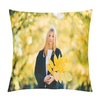 Personality  Young Girl In Black Coat Holding Autumn Leaves In Nature On Blurred Yellow Background. Work Of Art By A Romantic Woman. Lady In Autumn In Park. Stylish Girl Holding A Golden Autumn Leaf Near The Face Pillow Covers