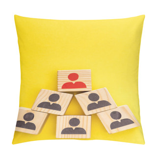 Personality  Top View Of Wooden Cubes With Red Painted Man Among Another On Yellow Background Pillow Covers