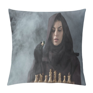 Personality  Woman In Death Costume Playing Chess In Smoke On Black Pillow Covers