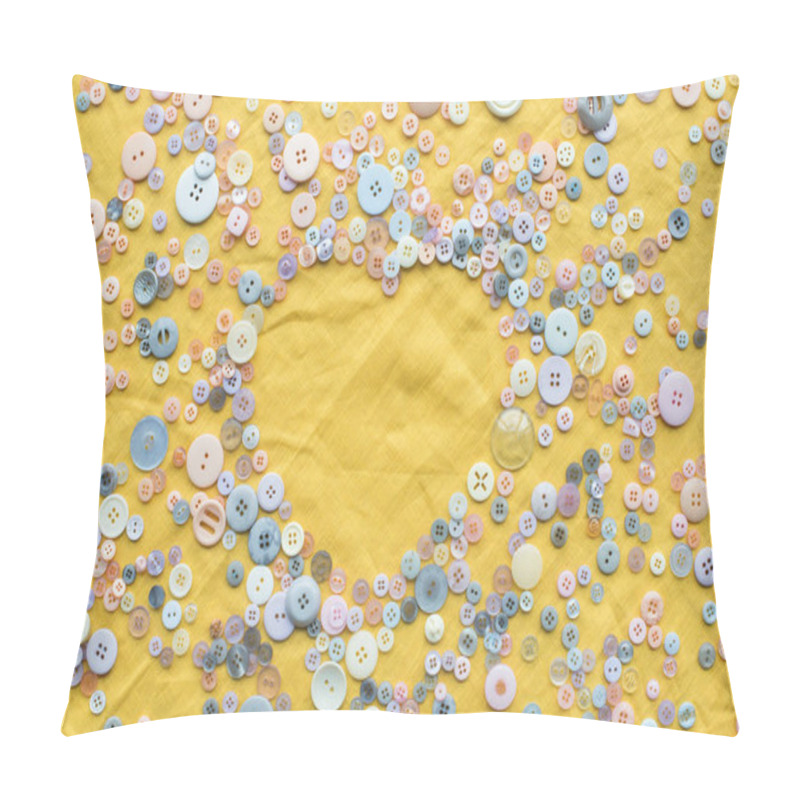 Personality  Top View Of Colorful Buttons Heart Shaped Frame On Yellow Cloth Background With Copy Space Pillow Covers