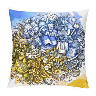 Personality  Ukraine Cartoon Doodle Illustration. Funny Ukrainian Design. Creative Raster Background With Europeian Country Elements And Objects. Watercolor Composition Pillow Covers
