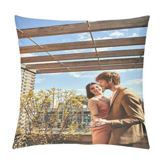 Personality  A Man And A Woman Standing On A Rooftop, Looking Out At The City Skyline Pillow Covers