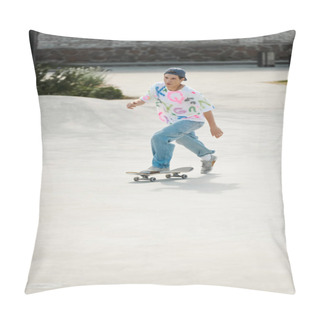 Personality  A Young Skater Boy Confidently Rides His Skateboard Down A Cement Ramp At A Skate Park On A Sunny Summer Day. Pillow Covers