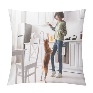 Personality  Funny Shiba Inu Dog Standing On Hind Legs Near Cheerful African American Woman With Breakfast Pillow Covers