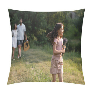 Personality  Pleased Girl With Flowers Running In Countryside Near Blurred Parents Pillow Covers