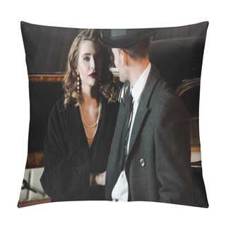 Personality  Selective Focus Of Attractive Woman Standing With Gangster In Hat Near Retro Car  Pillow Covers