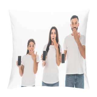 Personality  Surprised Parents And Kid Holding Smartphones With Blank Screens Isolated On White  Pillow Covers
