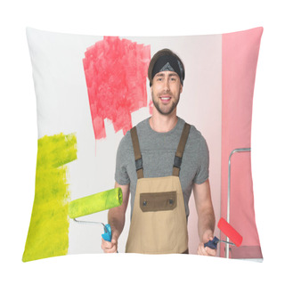 Personality  Young Smiling Man In Working Overall With Paint Rollers In Front Of Painted Wall  Pillow Covers