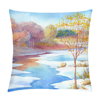 Personality  Stream In Forest Valley Winter Day. Watercolour Landscape Pillow Covers