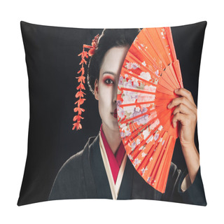 Personality  Attractive Geisha In Black Kimono With Flowers In Hair Holding Bright Hand Fan Isolated On Black Pillow Covers