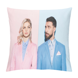 Personality  Dreamy Woman And Handsome Man Looking At Her On Pink And Blue Background  Pillow Covers