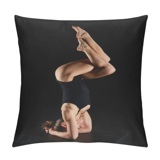 Personality  Attractive Woman In Bodysuit Doing Eagle Legs Handstand Exercise Isolated On Black  Pillow Covers