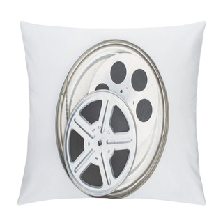 Personality  Top View Of Film Reels With Film Strip In Tin Case On White Background Pillow Covers