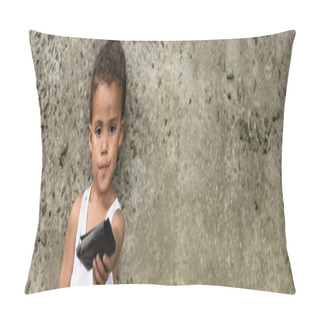 Personality  Panoramic Shot Of African American Child Holding Purse Near Concrete Wall On Urban Street  Pillow Covers