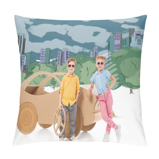 Personality  Stylish Children In Sunglasses Posing Near Cardboard Car In Drawn City And Park Pillow Covers