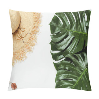 Personality  Top View Of Green Palm Leaves, Straw Hat, Sunglasses On White Background Pillow Covers
