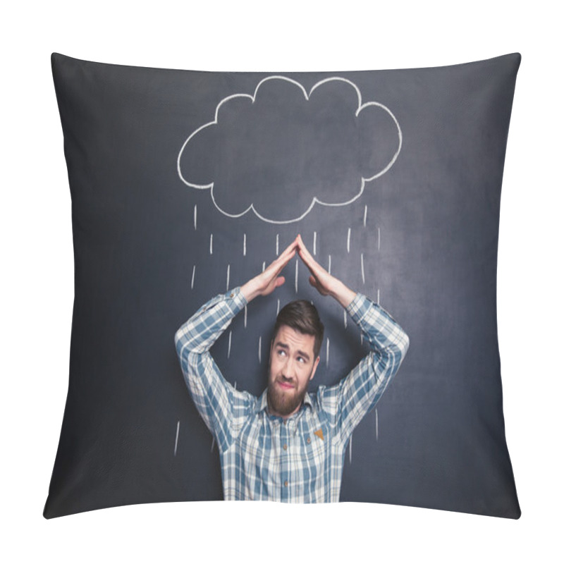 Personality  Frowning Man Covering From Rain Drawn On Blackboard Background Pillow Covers