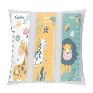 Personality  Set Of Colorful Childish Height Charts For Kids On Grey Background Pillow Covers