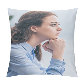 Personality  Sad Woman In Blue Blouse Sitting And Looking Into Distance At Home, Grieving Disorder Concept Pillow Covers